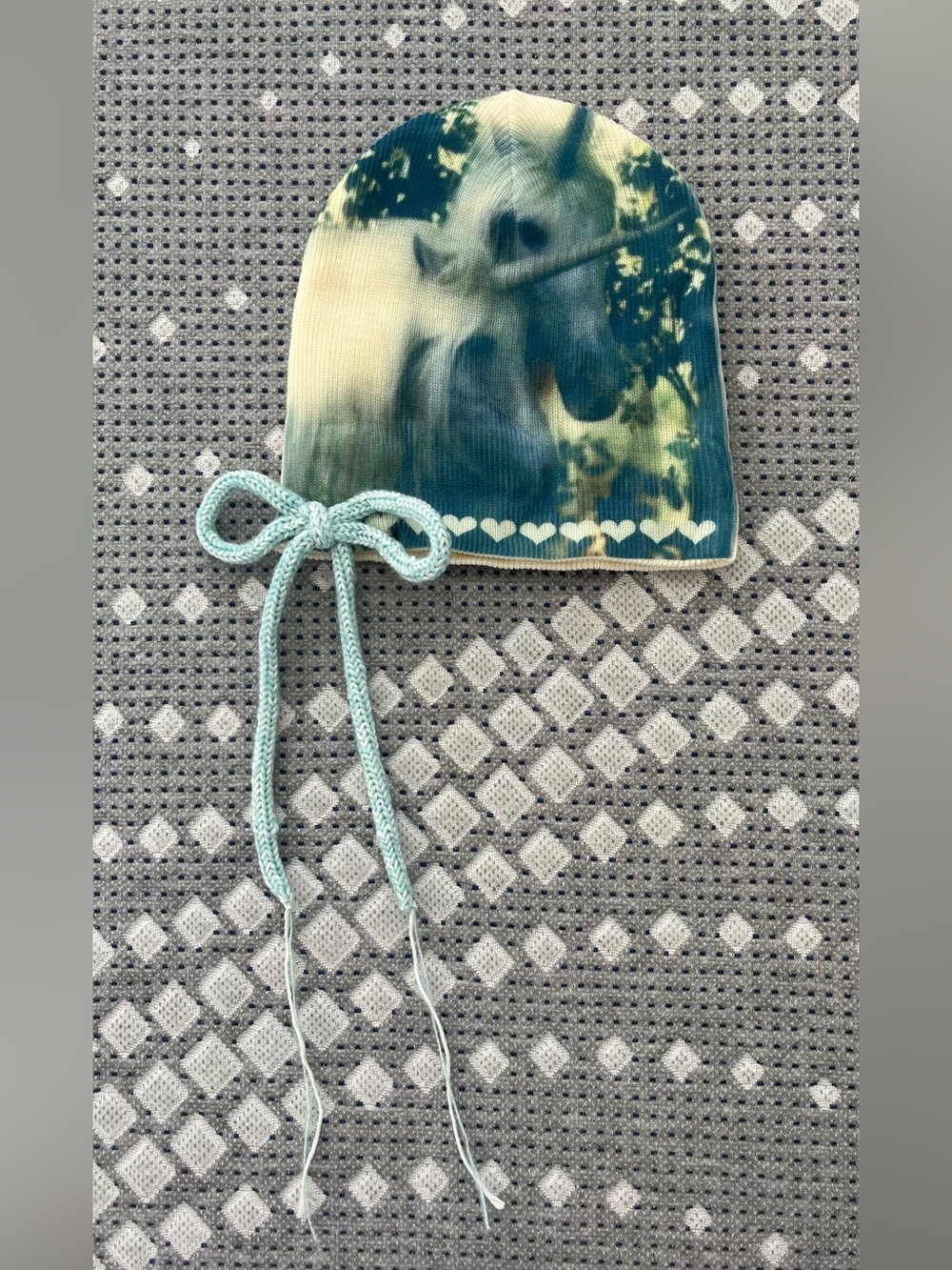 Handmade Unicorn Beanie in Teal and Cream